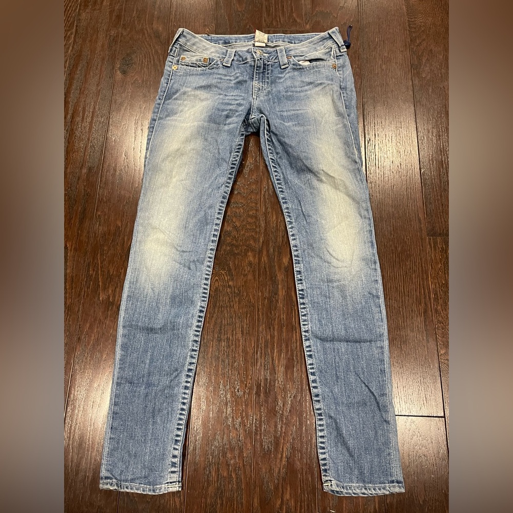 TRUE RELIGION Women Sequin Pocket Skinny Light Denim Size 31 USA